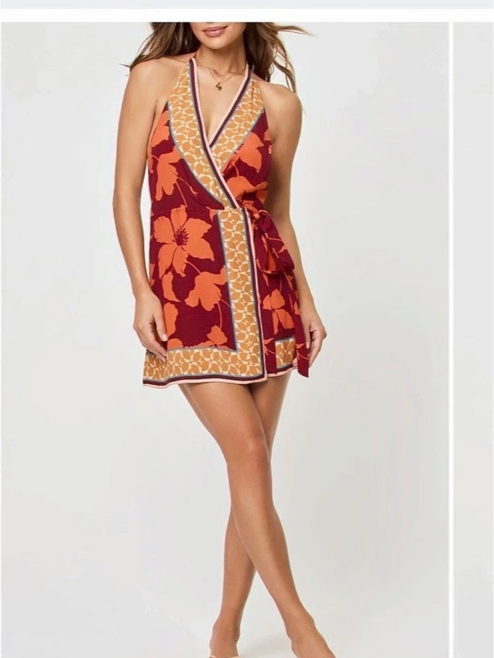LSPACE Taura Faux Wrap Cover-Up Minidress Floral Mini Dress Red Orange Size
